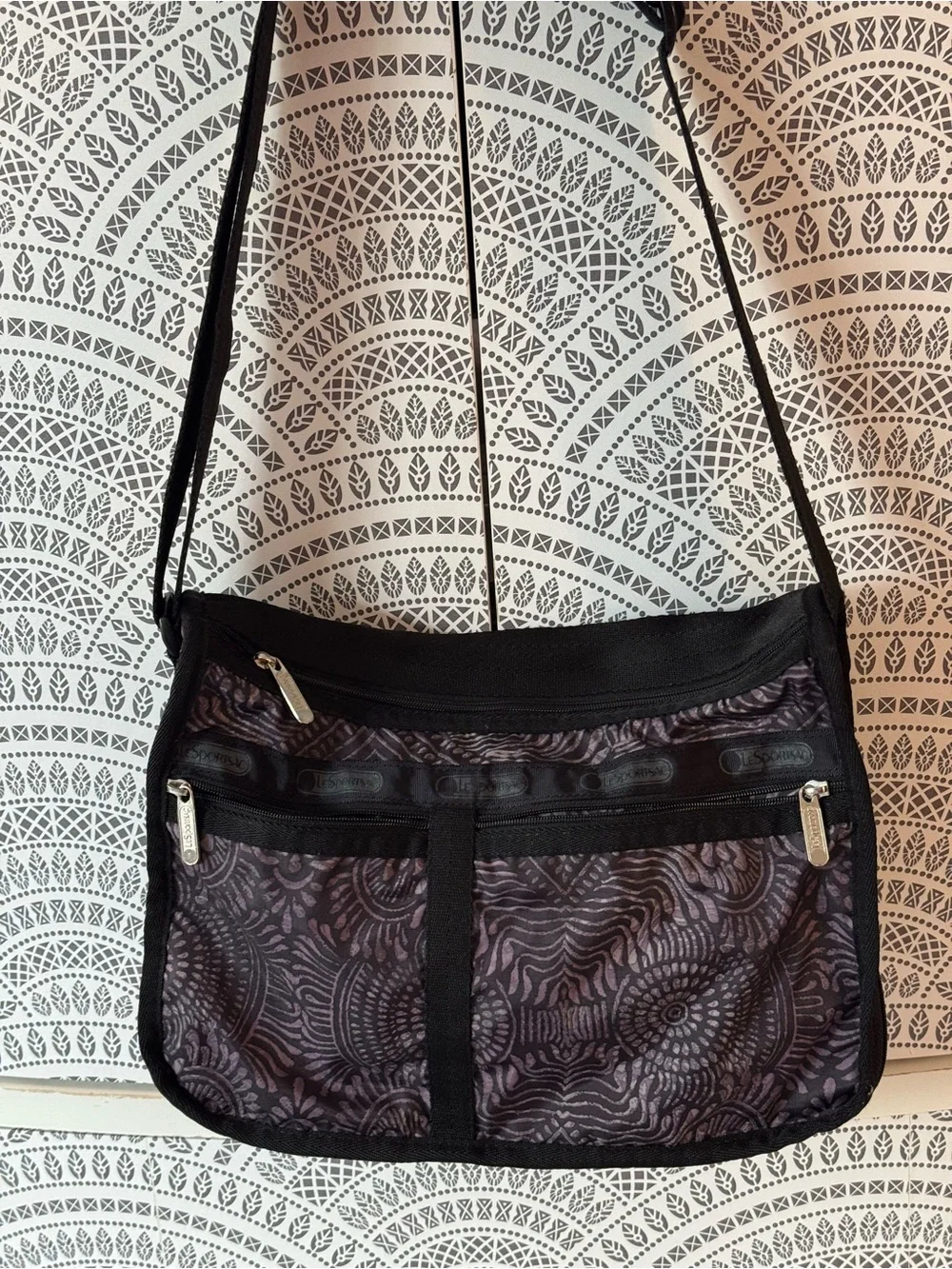 LeSportsac Black and Purple Floral-Pattern Crossbody Shoulder Bag